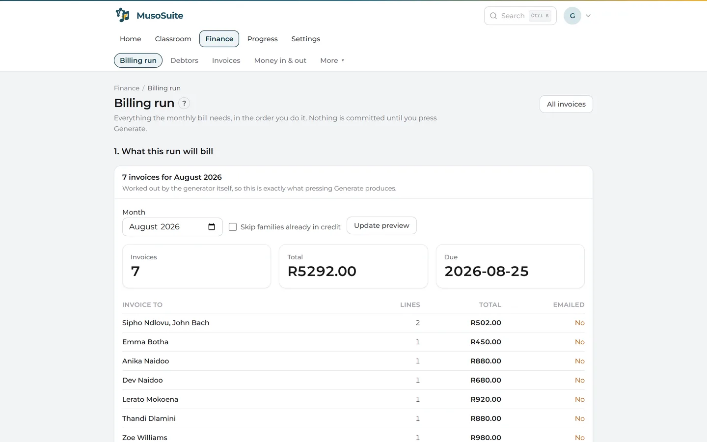 The billing run screen listing six invoices for August totalling R5292, each showing the family, the number of lines and whether it will be emailed.